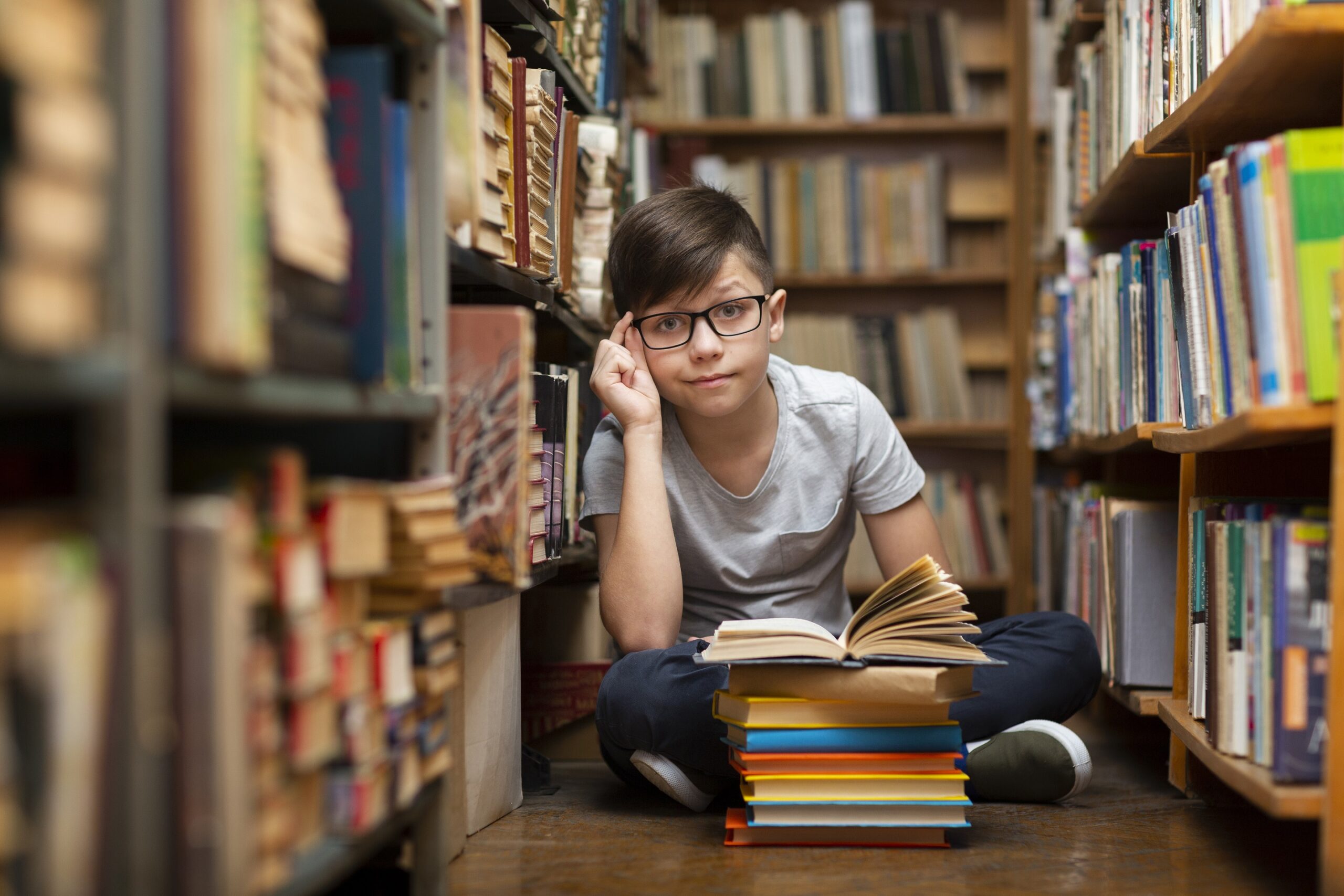 high-angle-little-boy-library