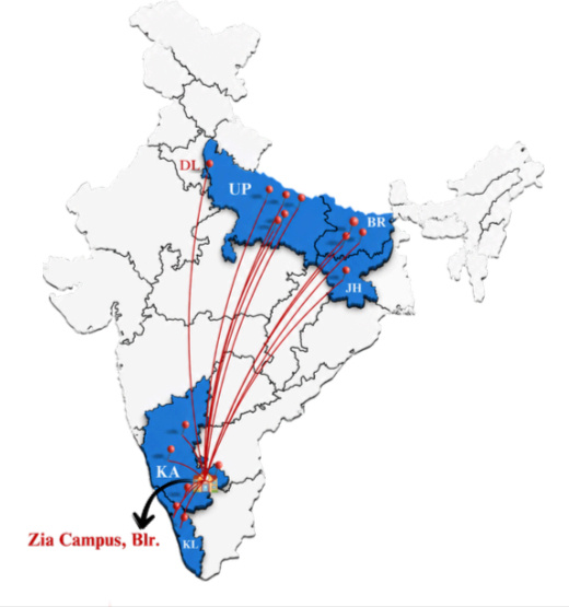 Pan-India reach map — UP, BR, JH, KA, KL connected to Zia Campus Bengaluru